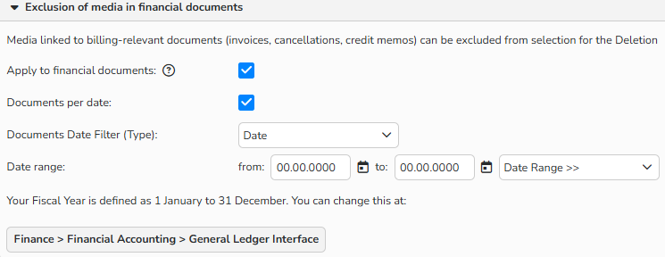 A screenshot of the New Deletion Task window showing setup options to exclude media files linked to finance records from the deletion task.
