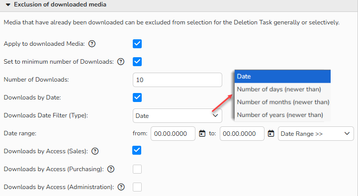 A screenshot of the New Deletion Task window showing setup options to exclude media files previously downloaded as Highres from the deletion task.