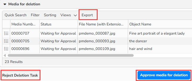 A screenshot of the New Deletion Task window showing the Deletion Tasks in Preparation tab with a list of media files selected for deletion. Highlighted UI elements include options to export the list, reject the task, or approve media for deletion.