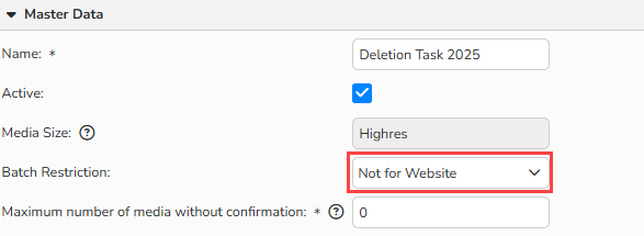 A screenshot of the Deletion Task setup window showing UI options to assign batch restriction.