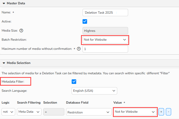 A screenshot of the Deletion Task setup window showing UI options to assign batch restriction and to enable the Metadata Filter to exclude deleted media.