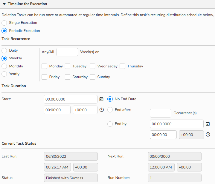 Screenshot of the New Deletion Task window showing the option to set up periodic execution for a recurring deletion task.
