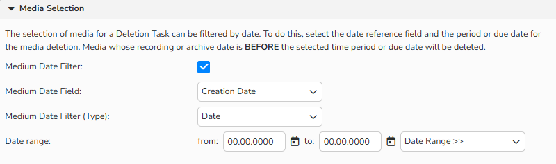 Screenshot showing setup options for the Medium Date Filter to filter images by date for deletion tasks. A checkbox to enable the filter is visible and checked.
