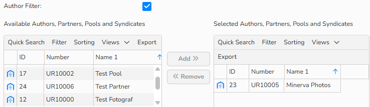 Screenshot showing setup options for the Author Filter to filter images by authors or partners for deletion tasks. A checkbox to enable the filter is visible and checked.