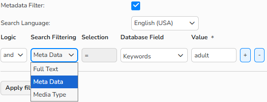 A screenshot of the New Deletion Task window showing setup options for the Metadata Filter to filter images by full text, metadata field, or by media type.