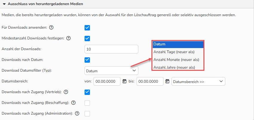 Screenshot des Fensters für eine neue Löschaufgabe, der die Konfigurationsoptionen zeigt, um zuvor als High-res heruntergeladene Mediendateien von der Löschaufgabe auszuschließen. Der Datumsfilter ist hervorgehoben.