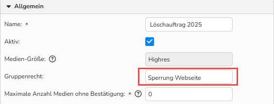 Screenshot des Fensters zur Einrichtung einer Löschaufgabe, der UI‑Optionen zur Zuweisung einer Gruppenrecht‑Einschränkung zeigt.