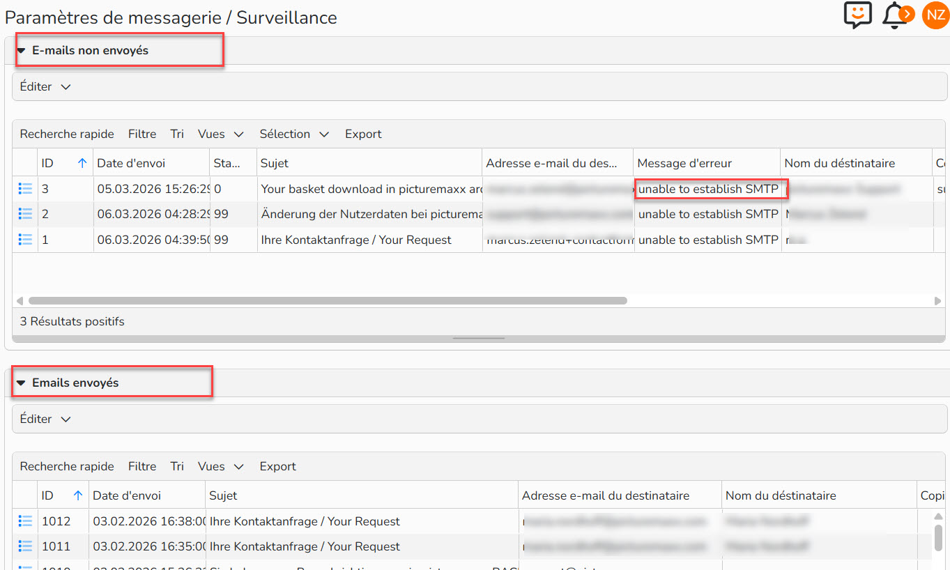 2026-03-10_16-47-27 Capture d'écran mettant en évidence les email non envoyés, et envoyés de Backstage. Le message d'erreur est également mis en évidence.