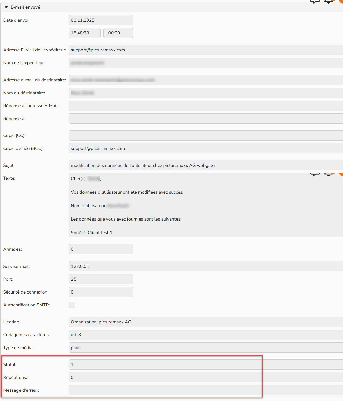 2026-03-10_16-55-54 Capture d'écran montrant les détails d'un email envoyé. Les champs statut, répétitions et message d'erreur sont mis en évidence