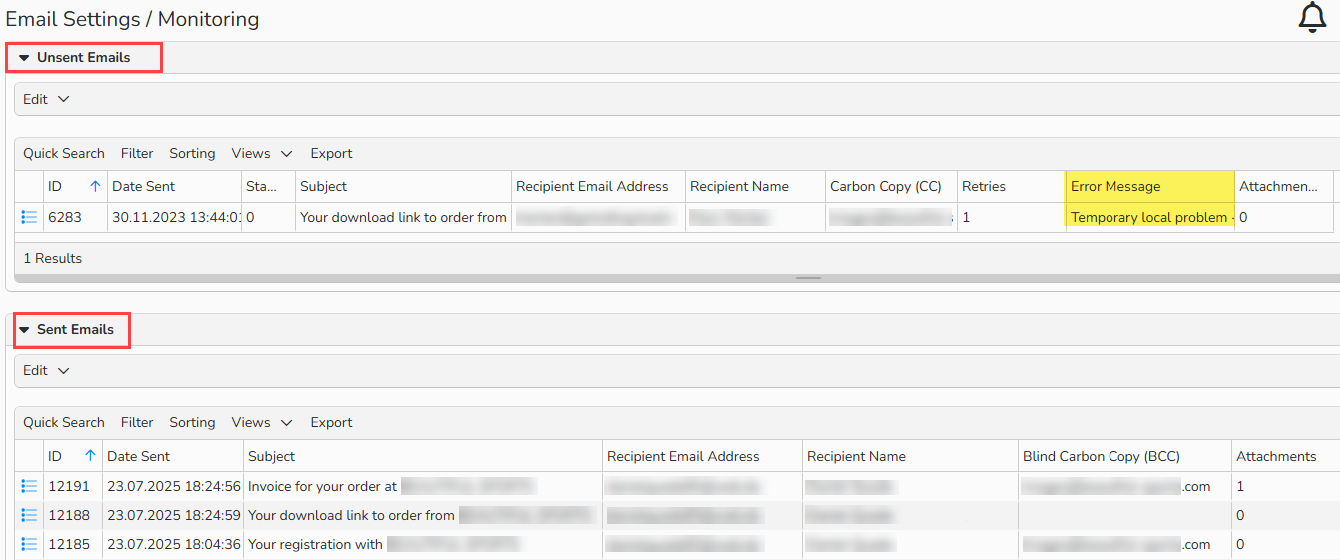 Screenshot of the Email Monitoring window with the Unsent Emails and Sent Emails section names highlighted. The Error Message in Unsent Emails is visible and highlighted.