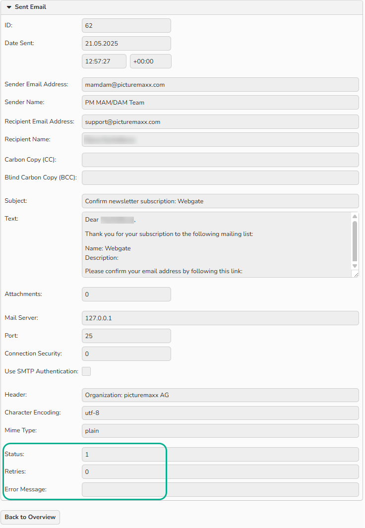 Screenshot of a Sent Email info window for a selected record in Email Monitoring. The email details are visible, the Status, Retries, and Error Message fields are highlighted.