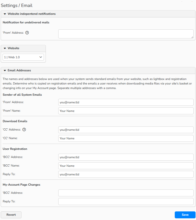 Screenshot of the Email setup window showing options to configure system email notifications for website.
