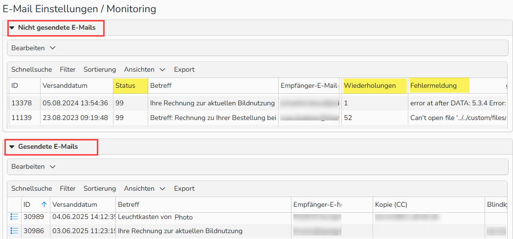 Screenshot des E‑Mail-Monitoring-Fensters, in dem die Bereiche Nicht-gesendete E-Mails und Gesendete E-Mails hervorgehoben sind. Die Fehlermeldung im Bereich Nicht-gesendete E-Mails ist sichtbar und hervorgehoben.