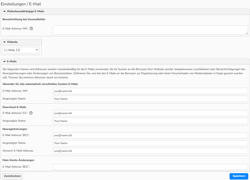 Screenshot des E‑Mail‑Setup‑Fensters, das Optionen zur Konfiguration von System‑E‑Mail‑Benachrichtigungen für die Website zeigt.